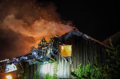 Esslingen-Neckarhalde: Schuppenbrand greift auf Wohnhaus ueber - Meterhohe Flammen
