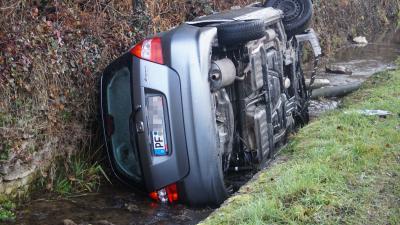 Grossglattbach: Pkw kommt aufgrund von Glaette von Strasse ab und landet im Bach