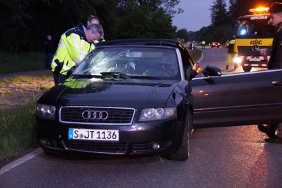 Denkendorf: Audi auf Irrfahrt durch Wiese, Gebuesch und anschliessend eine Boeschung hinab und Stoppt kurz vor Bachbett