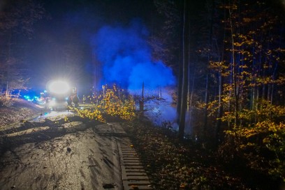 Ilsfeld: Audi kracht gegen Baum und faengt Feuer, Fahrer schwer verletzt