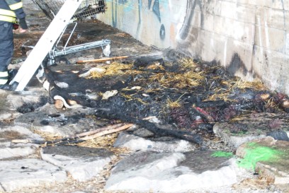 Pforzheim: Im Bereich Obdachlosenheim kam es unter einer Bruecke zu einem Brand - Feuerwehr im Einsatz